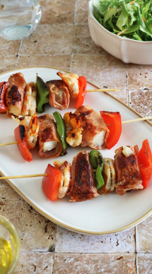 Espetadas de Bacalhau com Bacon e Camarão