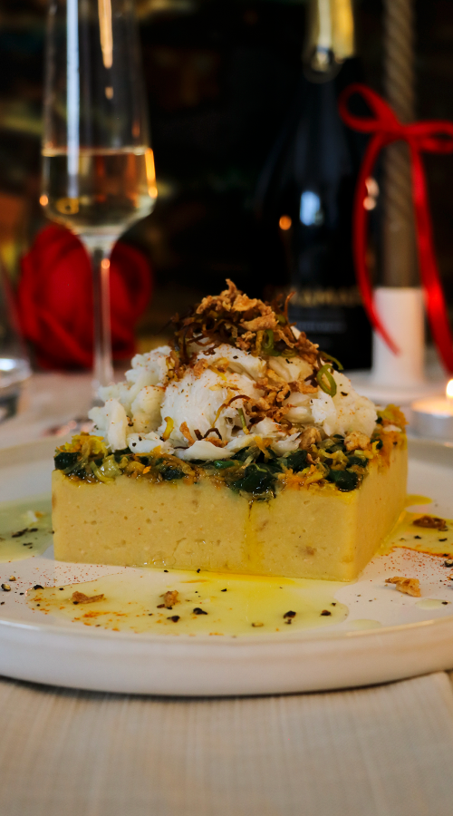 Lombos de Bacalhau com Legumes e Puré de Grão