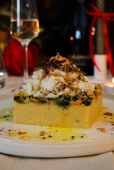 Lombos de Bacalhau com Legumes e Puré de Grão